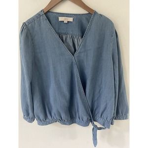 Ann Taylor Loft Wrap Top Shirt Womens Large Blue Chambray Denim Blouse Boho